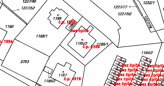 Libeň 2159, Praha na parcele st. 1185/2 v KÚ Libeň, Katastrální mapa