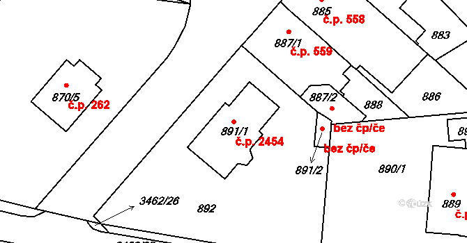 Pelhřimov 2454 na parcele st. 891/1 v KÚ Pelhřimov, Katastrální mapa