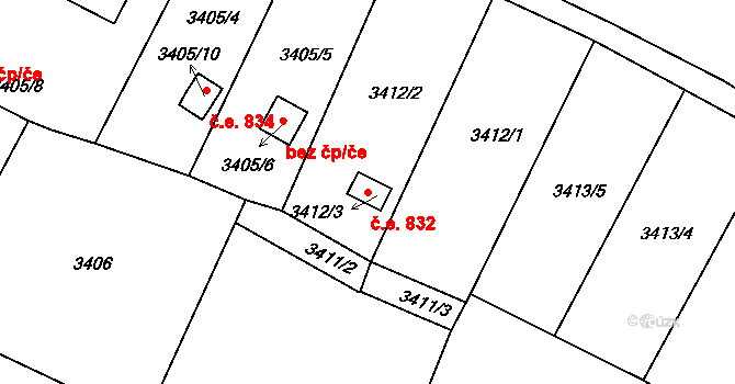 Choceňské Předměstí 832, Vysoké Mýto na parcele st. 3412/3 v KÚ Vysoké Mýto, Katastrální mapa