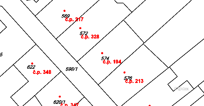 Měřín 194 na parcele st. 574 v KÚ Měřín, Katastrální mapa