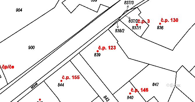 Hvozdná 123 na parcele st. 839 v KÚ Hvozdná, Katastrální mapa