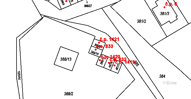 Ráj 833, Karviná na parcele st. 388/10 v KÚ Ráj, Katastrální mapa