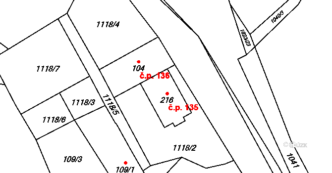 Chrastavice 135 na parcele st. 216 v KÚ Chrastavice, Katastrální mapa