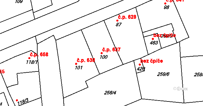 Rudná 637 na parcele st. 100 v KÚ Hořelice, Katastrální mapa