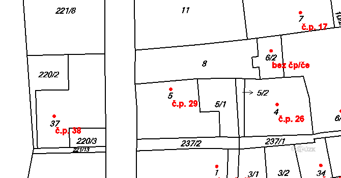 Popovice 29, Všeruby na parcele st. 5 v KÚ Popovice u Chrančovic, Katastrální mapa