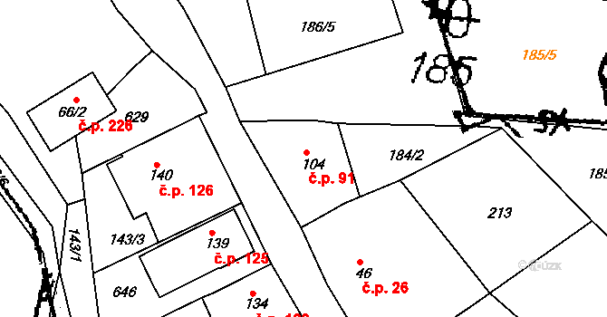 Krušovice 91 na parcele st. 104 v KÚ Krušovice, Katastrální mapa