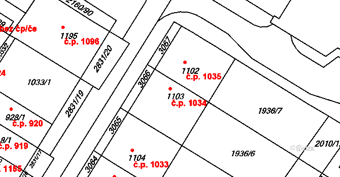 Bystřice pod Hostýnem 1034 na parcele st. 1103 v KÚ Bystřice pod Hostýnem, Katastrální mapa