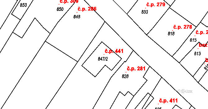 Prusinovice 441 na parcele st. 847/2 v KÚ Prusinovice, Katastrální mapa