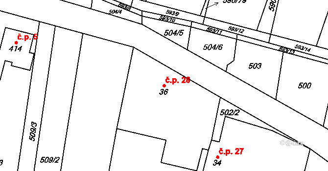 Oslnovice 28 na parcele st. 36 v KÚ Oslnovice, Katastrální mapa