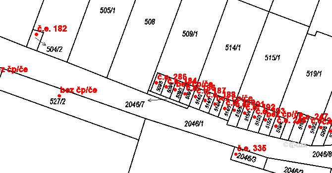 Modřice 184 na parcele st. 509/4 v KÚ Modřice, Katastrální mapa