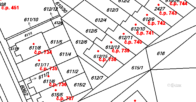 Chropyně 738 na parcele st. 612/15 v KÚ Chropyně, Katastrální mapa