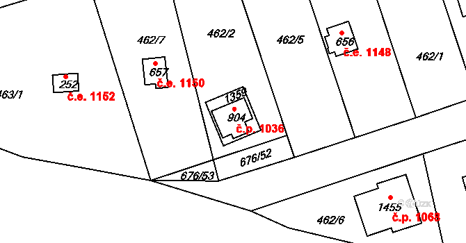 Kamenice 1036 na parcele st. 904 v KÚ Těptín, Katastrální mapa