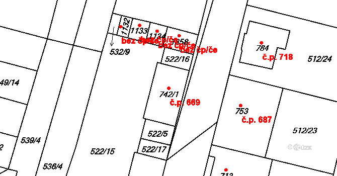 Libochovice 669 na parcele st. 742/1 v KÚ Libochovice, Katastrální mapa
