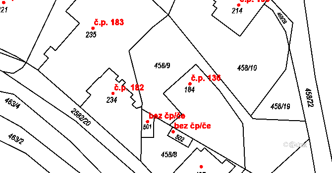 Benešov u Semil 136 na parcele st. 184 v KÚ Benešov u Semil, Katastrální mapa