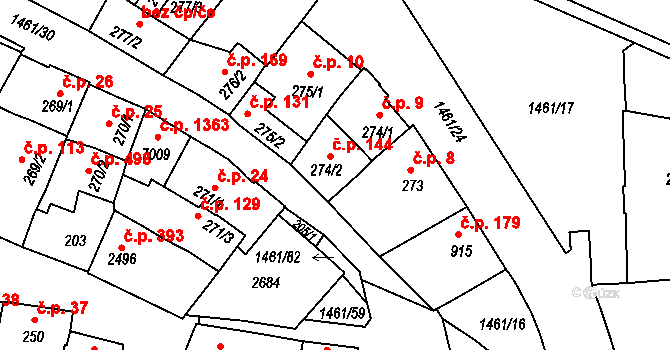 Horka-Domky 144, Třebíč na parcele st. 274/2 v KÚ Třebíč, Katastrální mapa