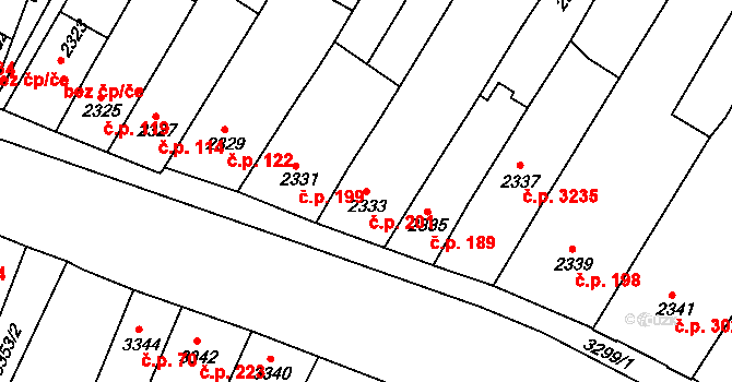 Žabovřesky 201, Brno na parcele st. 2333 v KÚ Žabovřesky, Katastrální mapa