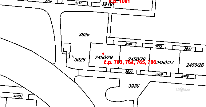 Komín 763,764,765,766, Brno na parcele st. 2450/27 v KÚ Komín, Katastrální mapa
