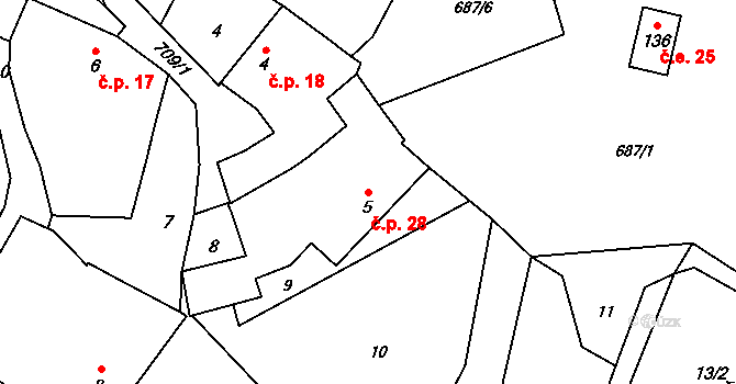 Skrýšov 28, Pelhřimov na parcele st. 5 v KÚ Skrýšov u Pelhřimova, Katastrální mapa