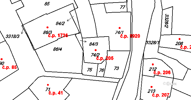 Pelhřimov 205 na parcele st. 74/2 v KÚ Pelhřimov, Katastrální mapa