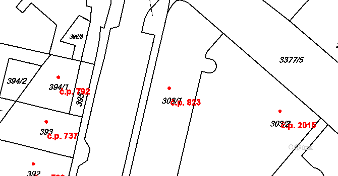 Pelhřimov 823 na parcele st. 303/1 v KÚ Pelhřimov, Katastrální mapa
