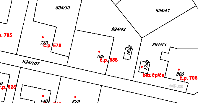 Pacov 658 na parcele st. 765 v KÚ Pacov, Katastrální mapa
