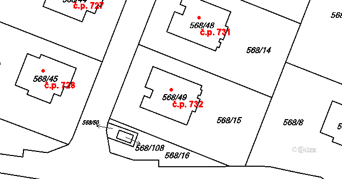 Šeberov 732, Praha na parcele st. 568/49 v KÚ Šeberov, Katastrální mapa