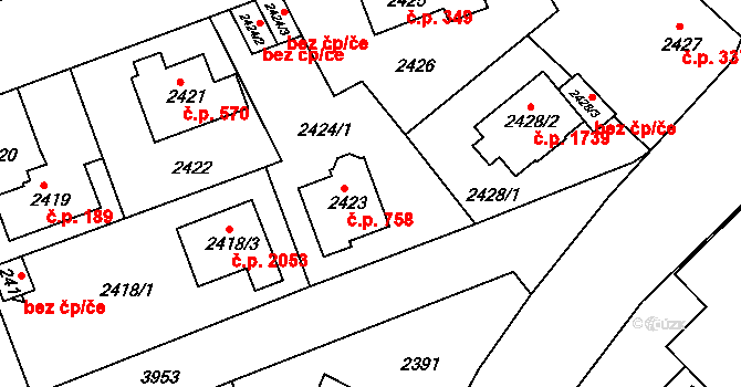 Modřany 758, Praha na parcele st. 2423 v KÚ Modřany, Katastrální mapa