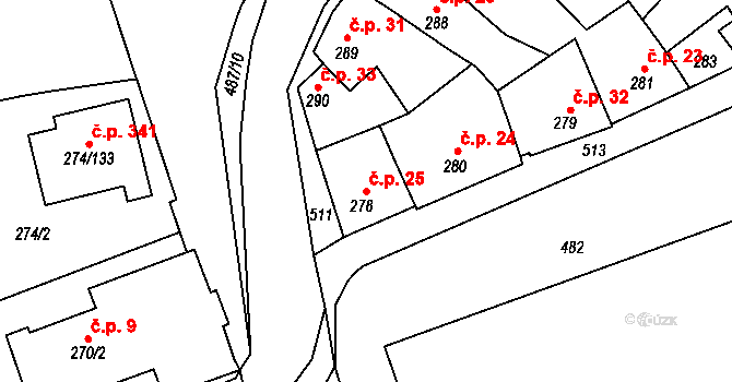 Třeboradice 25, Praha na parcele st. 278 v KÚ Třeboradice, Katastrální mapa