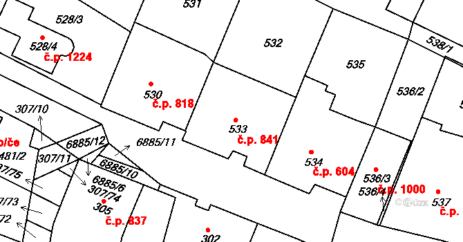 Mutěnice 841 na parcele st. 533 v KÚ Mutěnice, Katastrální mapa