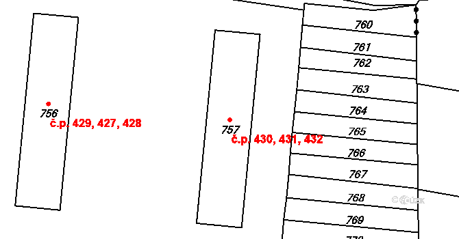 Zbýšov 430,431,432 na parcele st. 757 v KÚ Zbýšov u Oslavan, Katastrální mapa
