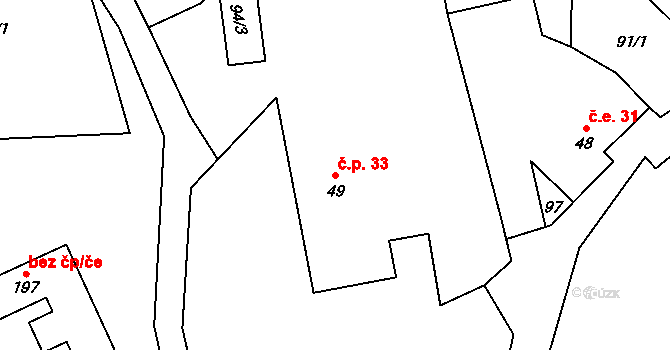 Vědlice 33, Úštěk na parcele st. 49 v KÚ Vědlice, Katastrální mapa