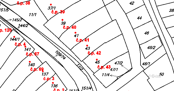Královopolské Vážany 42, Rousínov na parcele st. 43 v KÚ Královopolské Vážany, Katastrální mapa