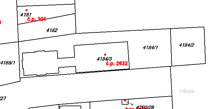 Horní Počernice 2632, Praha na parcele st. 4184/3 v KÚ Horní Počernice, Katastrální mapa