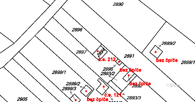 Lužice 212 na parcele st. 2894 v KÚ Lužice u Hodonína, Katastrální mapa