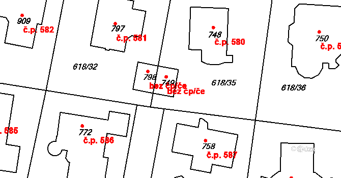 Kamenice 46114645 na parcele st. 749 v KÚ Ládví, Katastrální mapa