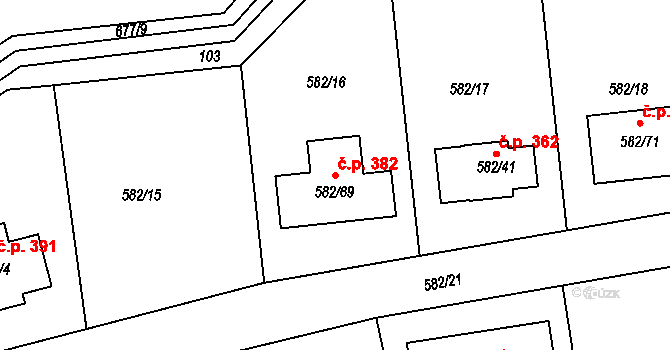 Třebestovice 382 na parcele st. 582/69 v KÚ Třebestovice, Katastrální mapa