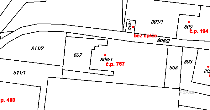 Stonava 767 na parcele st. 806/1 v KÚ Stonava, Katastrální mapa