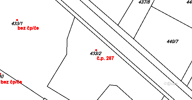 Mšeno 287 na parcele st. 433/2 v KÚ Mšeno, Katastrální mapa