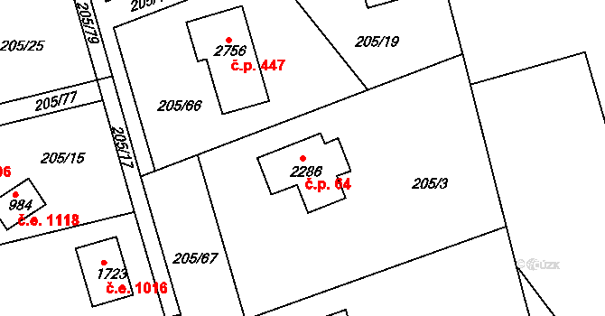 Brunšov 64, Hradištko na parcele st. 2286 v KÚ Hradištko pod Medníkem, Katastrální mapa