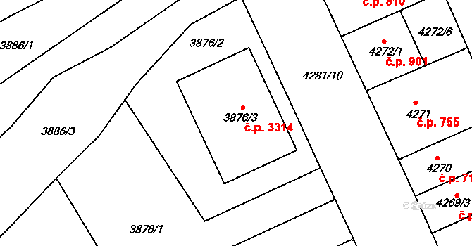 Teplice 3314 na parcele st. 3876/3 v KÚ Teplice, Katastrální mapa
