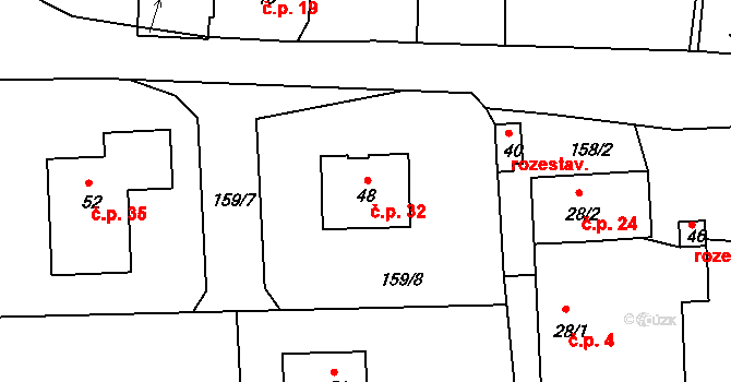 Dolní Miletín 32, Lišov na parcele st. 48 v KÚ Dolní Miletín, Katastrální mapa