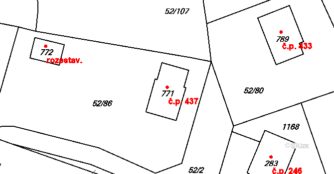 Nedvědice 437 na parcele st. 771 v KÚ Nedvědice pod Pernštejnem, Katastrální mapa