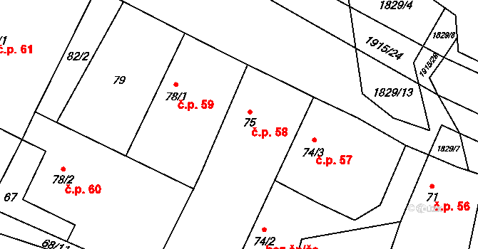 Kolešovice 58 na parcele st. 75 v KÚ Kolešovice, Katastrální mapa