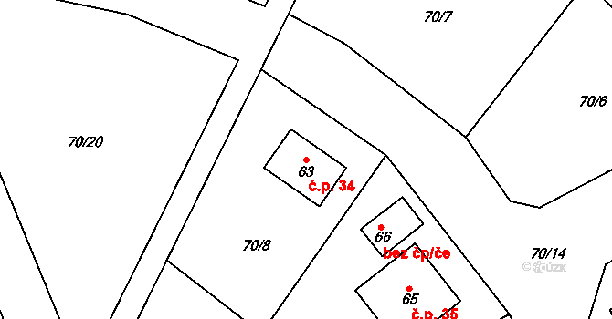 Veselá 34, Sedletín na parcele st. 63 v KÚ Veselá u Sedletína, Katastrální mapa