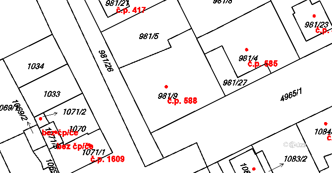 Louny 588 na parcele st. 981/9 v KÚ Louny, Katastrální mapa