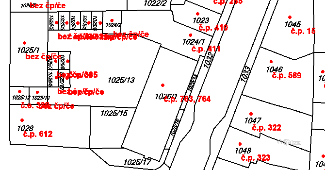 Podbořany 763,764 na parcele st. 1026/1 v KÚ Podbořany, Katastrální mapa