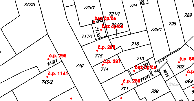 Holešov 288 na parcele st. 715 v KÚ Holešov, Katastrální mapa
