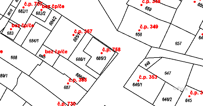 Mikulčice 758 na parcele st. 686/3 v KÚ Mikulčice, Katastrální mapa