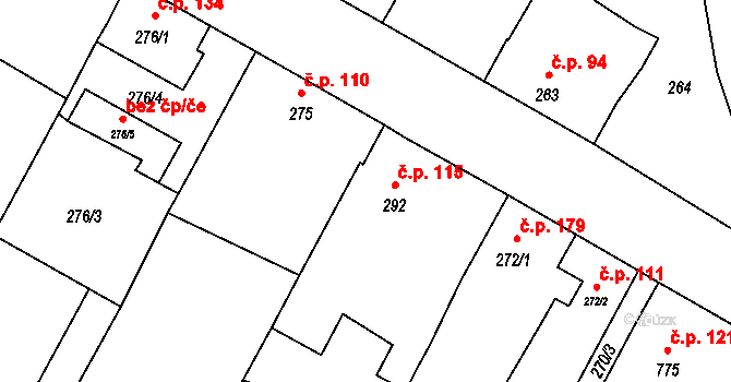 Těšetice 115 na parcele st. 292 v KÚ Těšetice u Znojma, Katastrální mapa