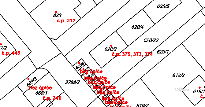 Žižkov 373,374,375, Kutná Hora na parcele st. 620/3 v KÚ Kutná Hora, Katastrální mapa